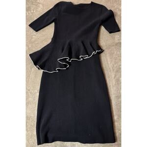 Vintage 80s Kenzo Peplum Sweater Dress Black Asymmetrical White Ruffle Knit Sz M